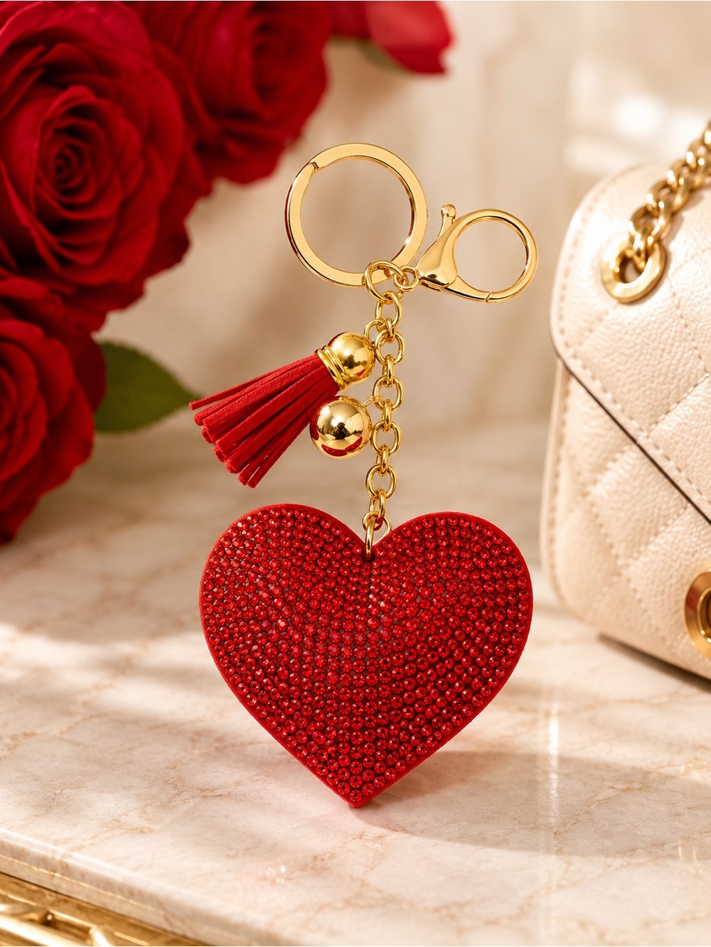 Red Rhinestone Heart Keychain Charm Bag Charm Tassel Gold Hardware New
